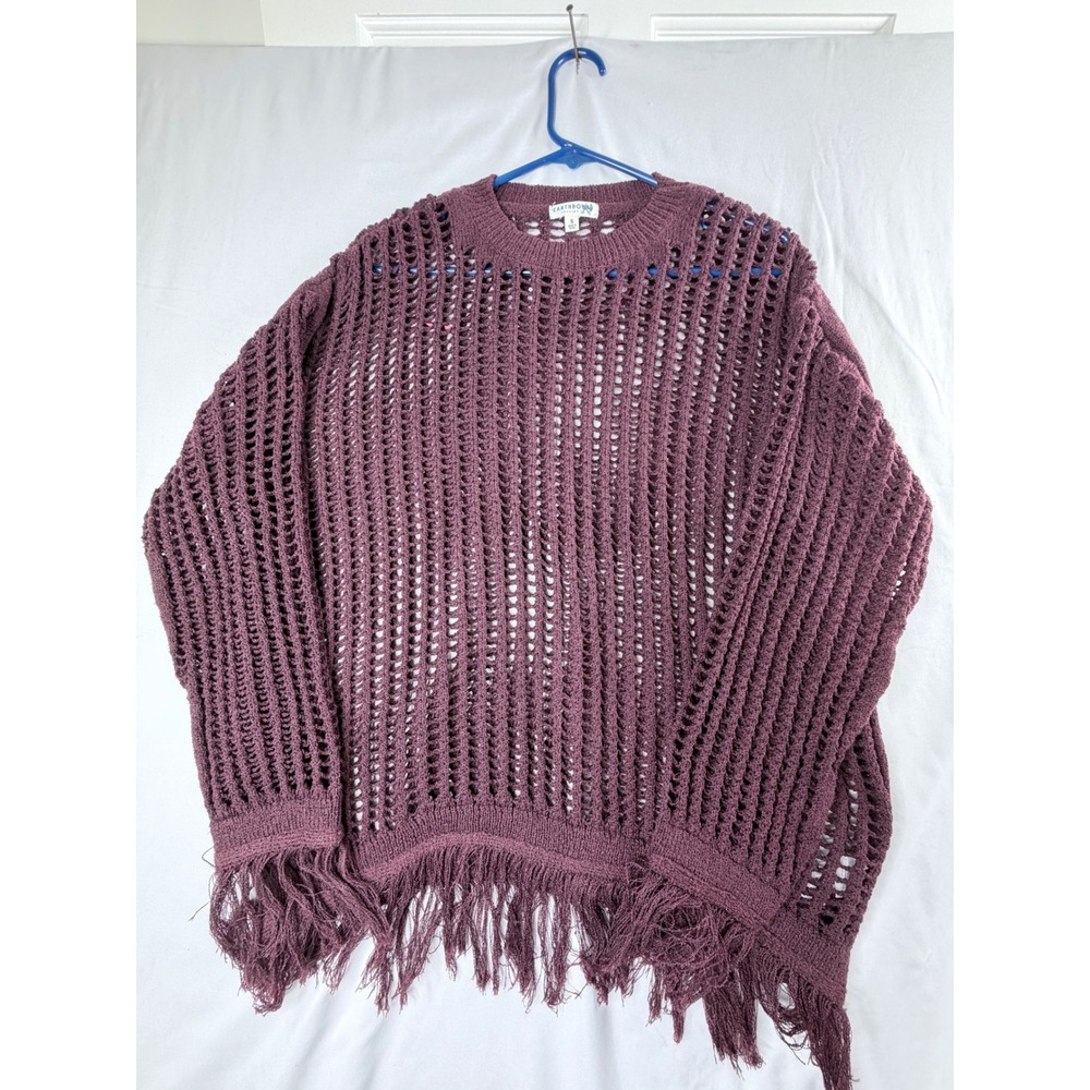 Earthbound Trading Co Open Knit Sweater S Purple Boho Fringe Oversized Top